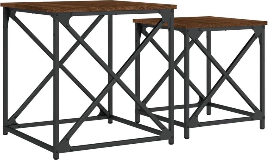 The Living Store 2-delige Tafeltjesset bewerkt hout bruin eikenkleur Salontafel Set Industrieel Houten Salontafel Bewerkt Hout Stapelbare Tafels