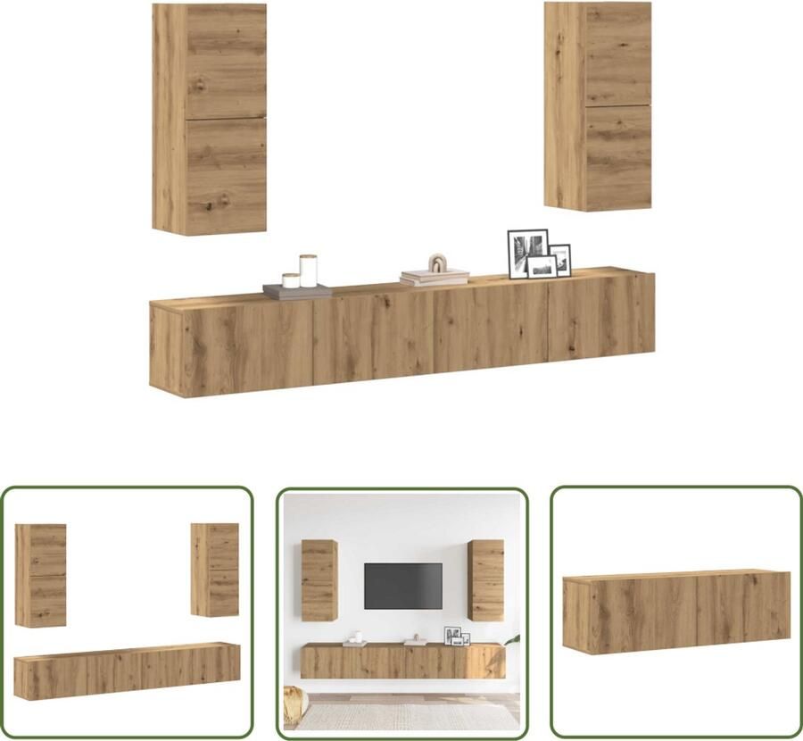 VidaXL Houten Tv Kast Tv Kast 4-delig Tv-meubelset wandmontage bewerkt hout artisanaal eiken Salontafel Media Kast Wandmontage Tv Kast