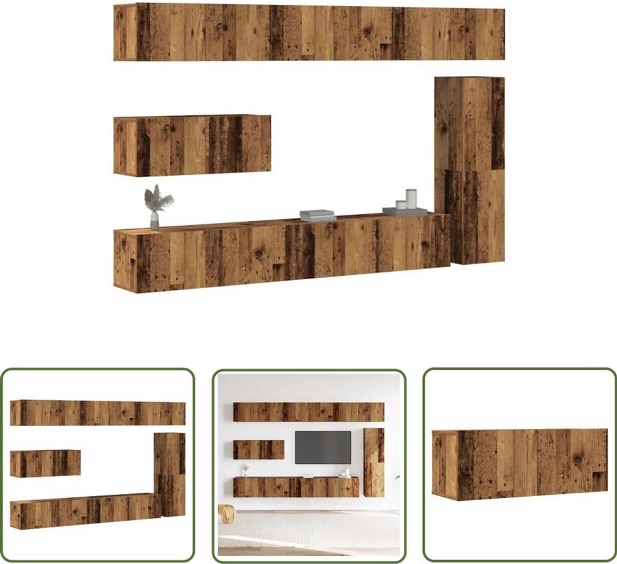 VidaXL Houten Tv-standaard Tv-meubel 7-delig Tv-meubelset wandmontage bewerkt hout oud houtkleurig Salontafel Media Kast Wandmontage Tv-meubel