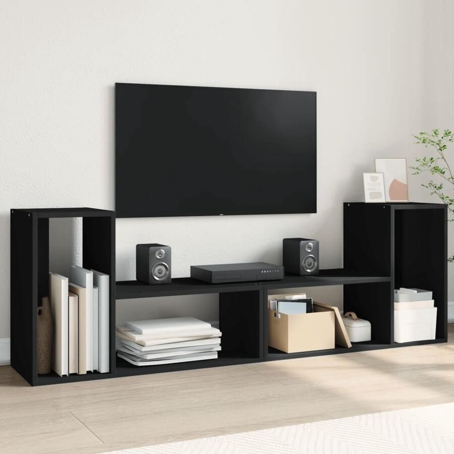 The Living Store Tv-meubelen 2 st 75x30x50 cm bewerkt hout zwart Tv-meubel Houten Tv-standaard Televisie Kast Opbergruimte Salontafel