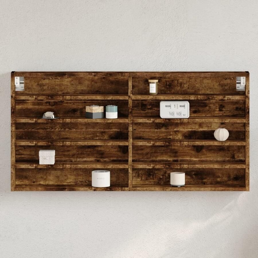 The Living Store Vitrinekast 100x8 5x50 cm bewerkt hout gerookt eikenkleurig Vitrinekast Displaykast Houten Kast Opbergkast Salontafel