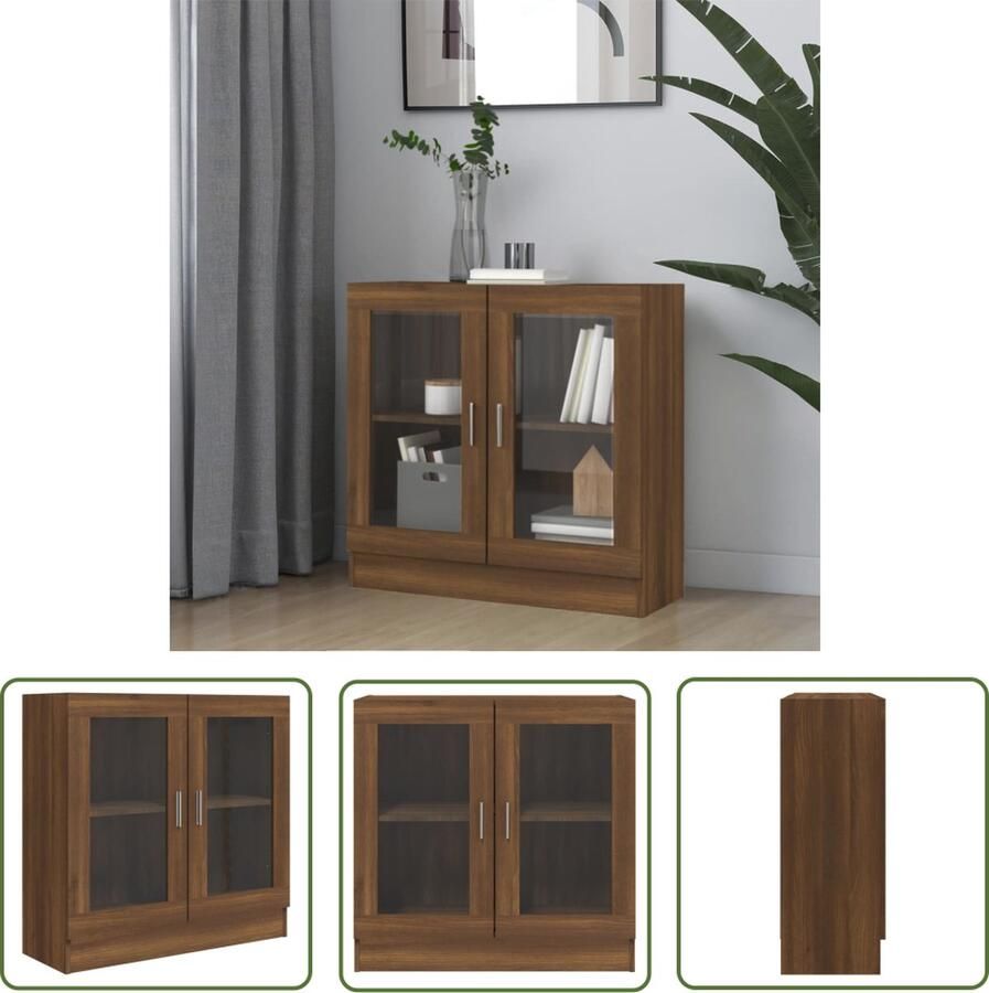 The Living Store Vitrinekast Bruineiken 82.5 x 30.5 x 80 cm 2 vakken 2 glazen deuren Vitrinekast Houten Vitrinekast Bruine Eiken Kast Opbergkast Boekenkast - Foto 2