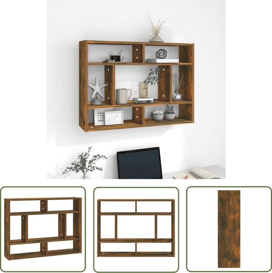 The Living Store Wandschap 75x16x55 cm bewerkt hout gerookt eikenkleurig Wanddecoratie Houten Wandplank Bergruimte Opslagoplossing Livingroom Decor