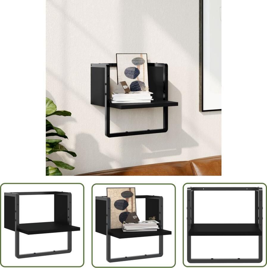 The Living Store Wandschap met stang 30x25x30 cm zwart Zwevend Wandschap Zwarte Wanddecoratie Houten Wandplanken Metalen Wandrek Wandorganizer - Foto 2