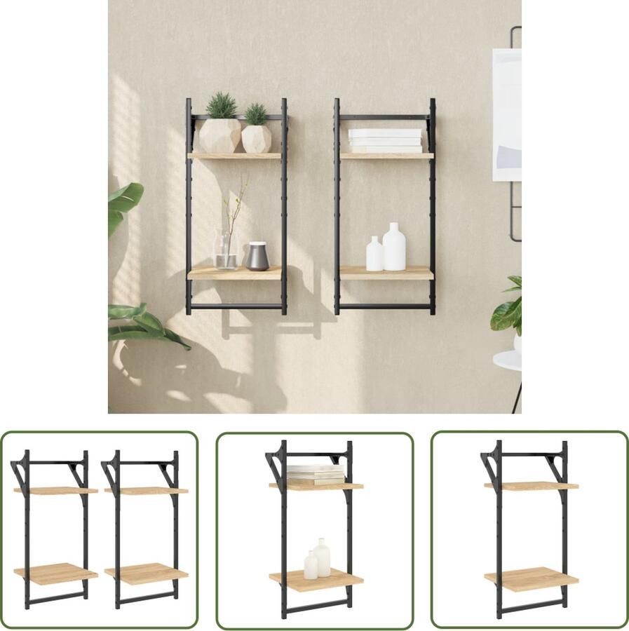 The Living Store Wandschappen 2-laags met stangen 2 st 30x25x65 cm sonoma eiken Zwevende Wanden Wandplanken Houten Wanddecoratie Salon Meubels Badkamer Accessoires - Foto 2