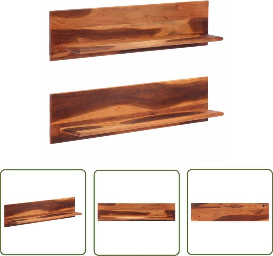 The Living Store Wandschappen 2 st 112x20x26 cm massief acaciahout Wanddecoratie Houten Wandrek Opbergkast Woondecoratie Salontafel