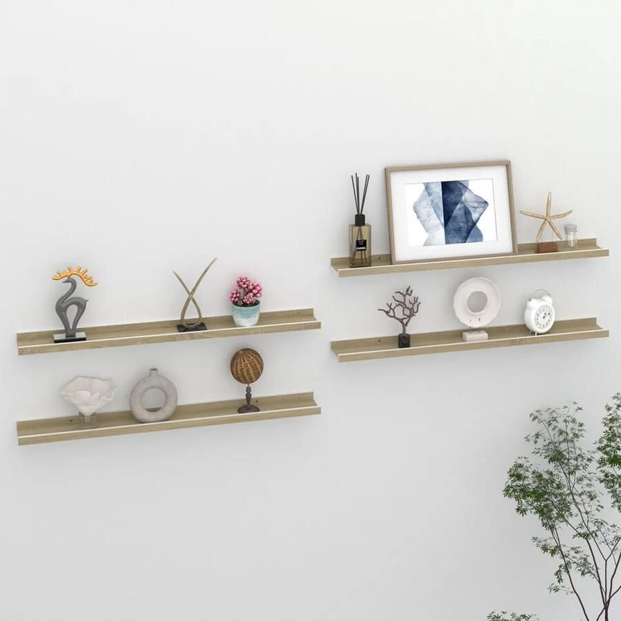 VidaXL Houten Wandplank Wanddecoratie Wandschappen 4 st 80x9x3 cm wit en sonoma eikenkleurig Mdf Plank Witte Wandplank Sonoma Eiken Plank - Foto 2