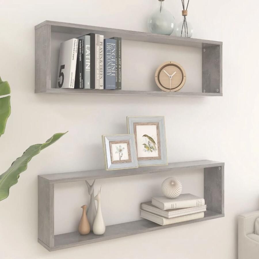 The Living Store Wandschappen kubus 2 st 100x15x30 cm bewerkt hout betongrijs Wandplank Houten Plank Bergruimte Woonaccessoires Badkamer Accessoires