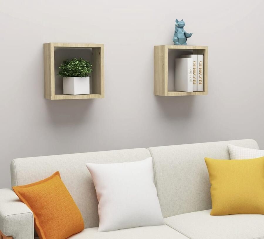 The Living Store Wandschappen kubus 2 st 30x15x30 cm sonoma eikenkleurig Wanddecoratie Houten Wandplank Kubusschrankje Salon Meubilair Badkamer Accessoires