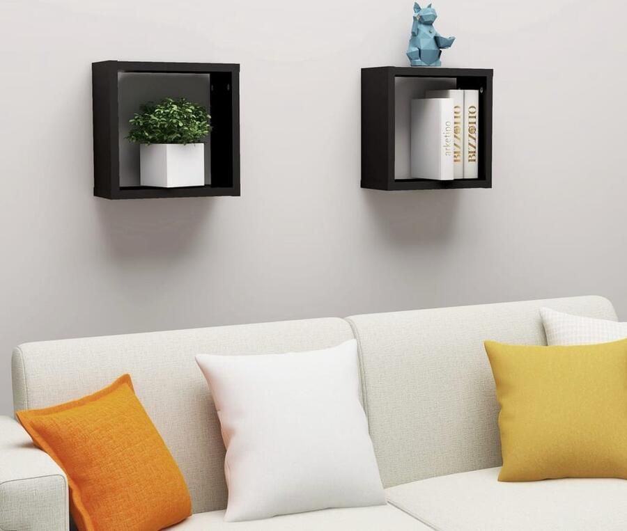 VidaXL Houten Wandplank Wanddecoratie Wandschappen kubus 2 st 30x15x30 cm zwart Kubusschrank Opslagoplossing Woonaccessoires