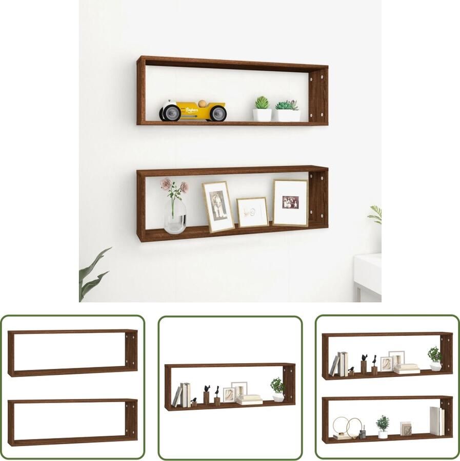 VidaXL Houten Wandplank Wanddecoratie Wandschappen kubus 2 st 80x15x26 5 cm bewerkt hout bruineiken Bergruimte Kastjes Woonaccessoires
