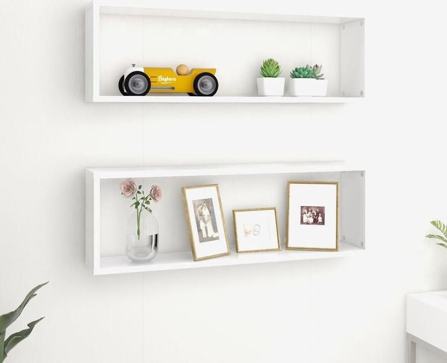 The Living Store Wandschappen kubus 2 st 80x15x26 5 cm bewerkt hout wit Wanddecoratie Houten Wandplank Kubusschrankje Opbergsysteem Woonaccessoires