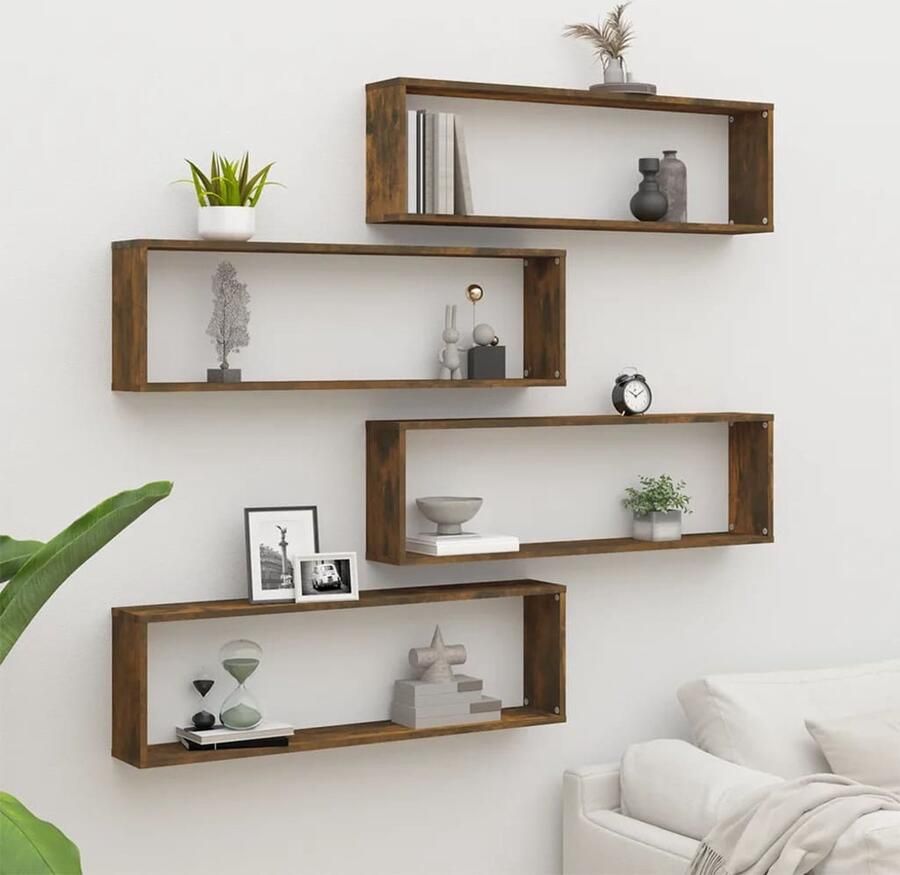 VidaXL Houten Wandplank Wanddecoratie Wandschappen kubus 4 st 100x15x30 cm bewerkt hout gerookt eiken Bergruimte Kastjes Opslagoplossing