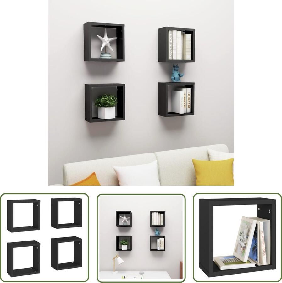 VidaXL Houten Wandplank Wanddecoratie Wandschappen kubus 4 st 30x15x30 cm zwart Opslagmogelijkheid Kastje Woonaccessoires