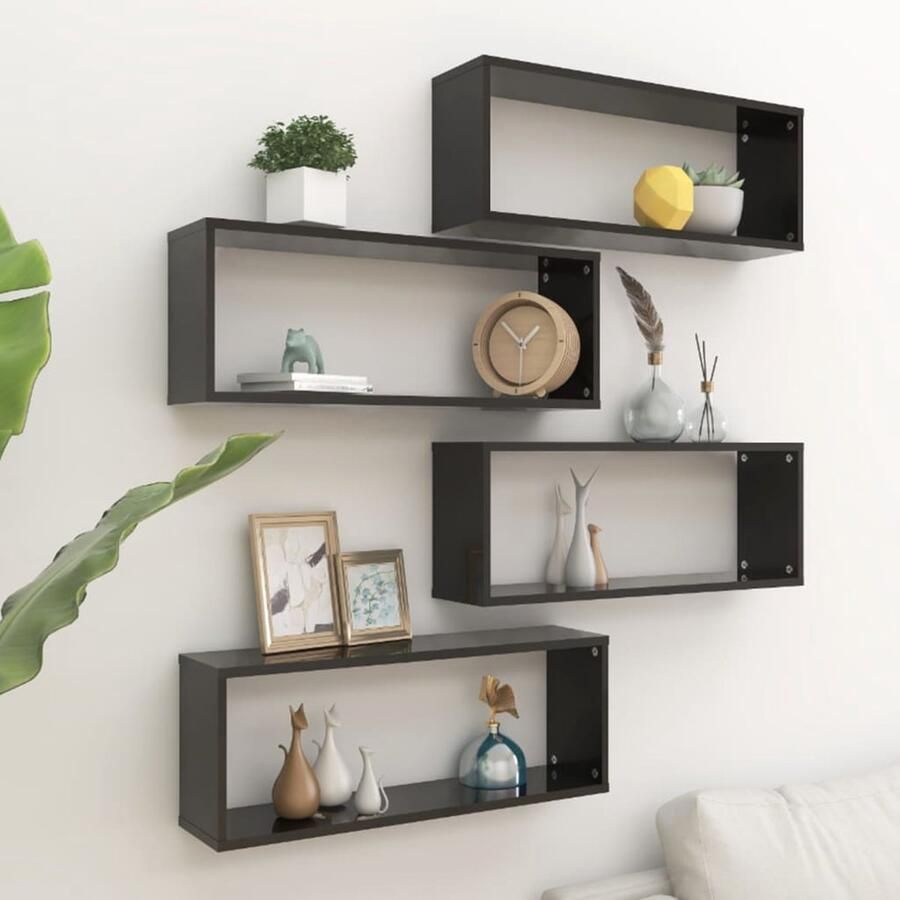 The Living Store Wandschappen kubus 4 st 60x15x23 cm bewerkt hout zwart Wanddecoratie Wandplanken Houten Wandplanken Opslagoplossing Woonaccessoires - Foto 2