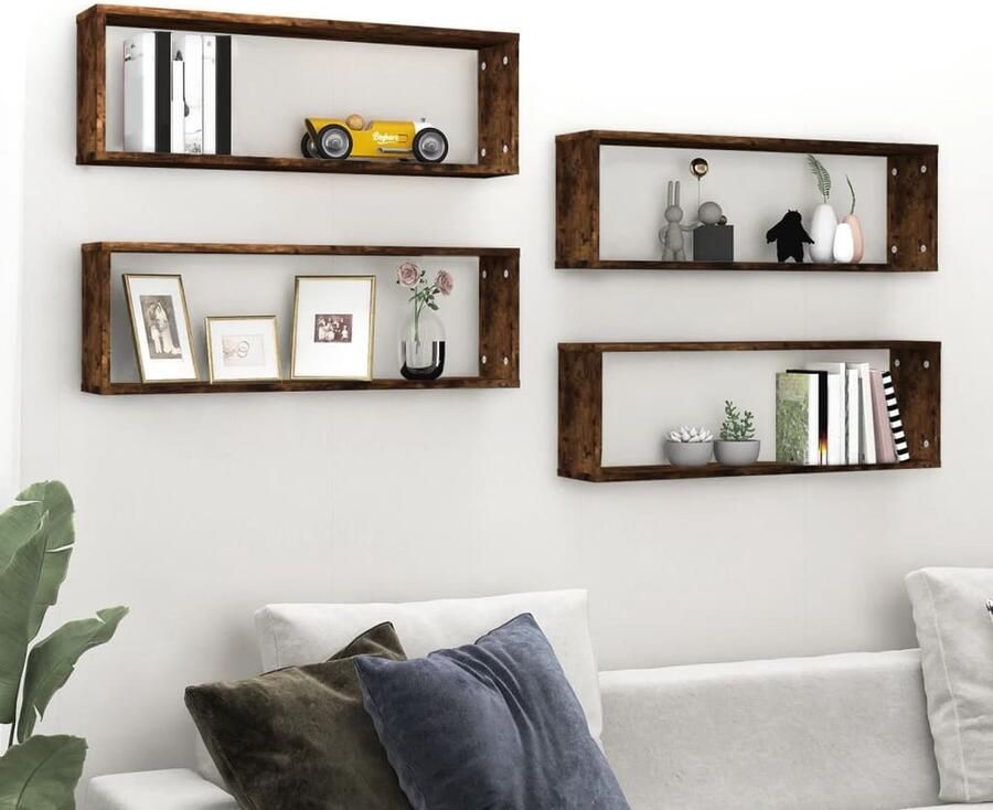 The Living Store Wandschappen kubus 4 st 80x15x26 5 cm hout gerookt eikenkleurig Wanddecoratie Houten Wandplank Kubusschilderij Kastenkastje Bergruimte