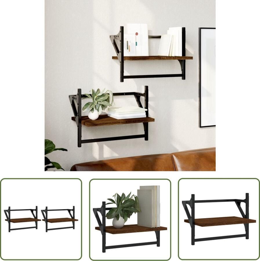 The Living Store Wandschappen met stangen 2 st 40x25x30 cm bruin eikenkleur Zwevende Wandplanken Houten Wanddecoratie Bruine Eiken Meubels Wandkasten Opbergruimte