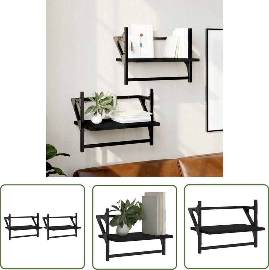 The Living Store Wandschappen met stangen 2 st 40x25x30 cm zwart Zwevende Wanden Wandplanken Houten Wanddecoratie Zwarte Wandregels Stevige Wandkasten