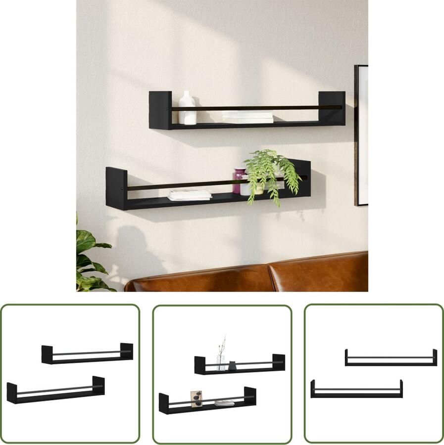 The Living Store Wandschappen met stangen 2 st 80x16x14 cm zwart Zwevende Wanden Wandplanken Houten Wanddecoratie Opbergwand Badkamer Accessoires
