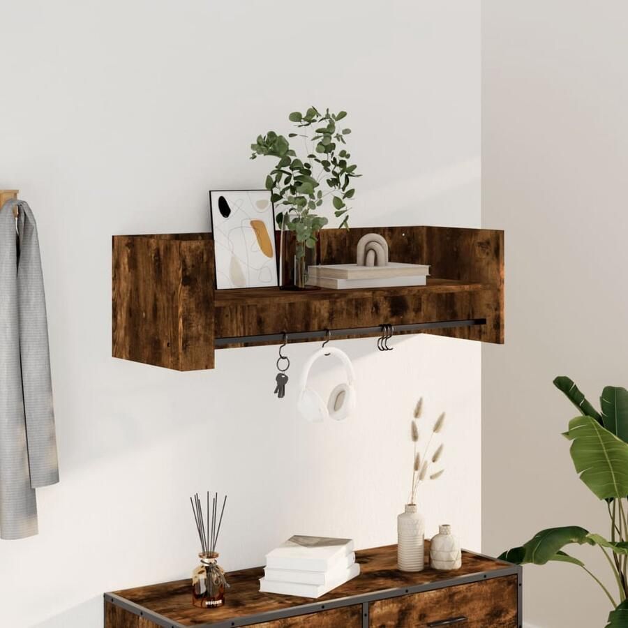 The Living Store Wandschap 100x35x30 5 cm bewerkt hout gerookt eikenkleurig Zwevend Wandschap Houten Wandplank Bergruimte Wanddecoratie Badkamerkastje