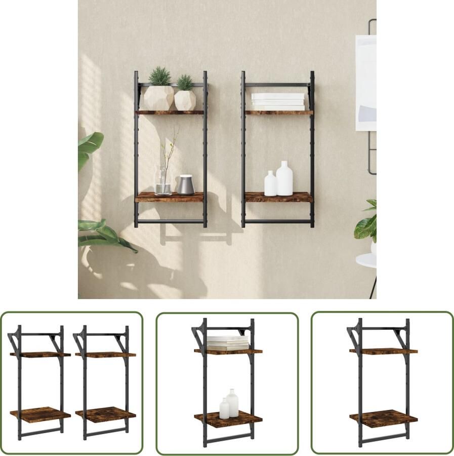 The Living Store Wandschappen 2-laags met stangen 2 st 30x25x65 cm gerookt eiken Wanddecoratie Houten Wandplankje Woonaccessoires Bergruimte Opslagmogelijkheden - Foto 2