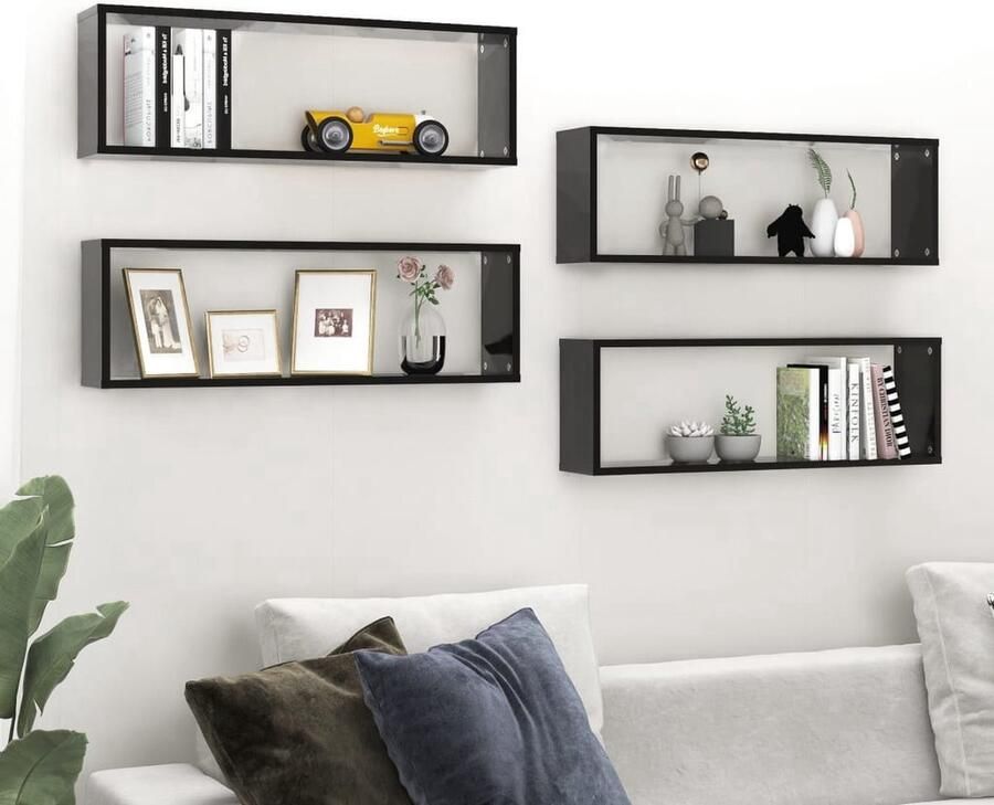 The Living Store Wandschappen kubus 4 st 80x15x26 5 cm bewerkt hout zwart Wanddecoratie Kubusschilderij Kasten Opbergsysteem Muurschrank
