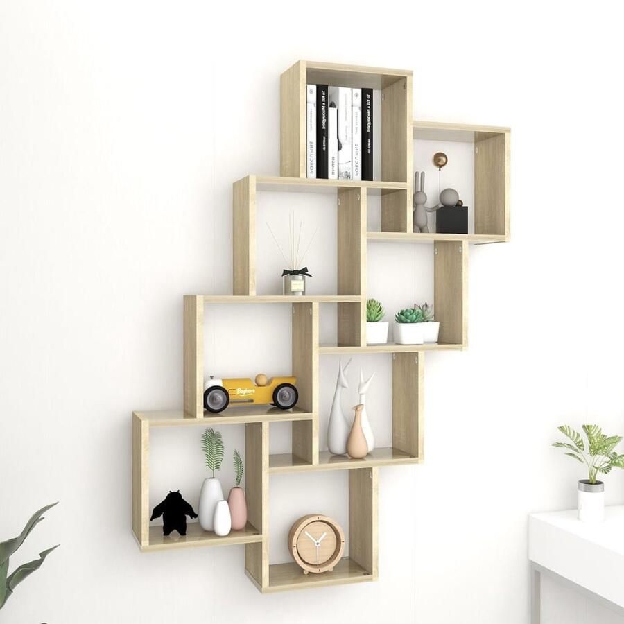 The Living Store Wandschap kubus 90x15x119 cm bewerkt hout sonoma eikenkleurig Kubus Wandschap Wandrek Houten Wandplank Salon Meubilair Woonkamerdecoratie