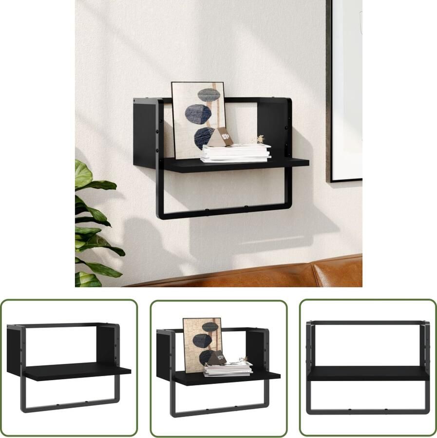 The Living Store Wandschap met stang 40x25x30 cm zwart Zwevend Wandschap Houten Wanddecoratie Wandplanken Wandkast Opbergruimte - Foto 2