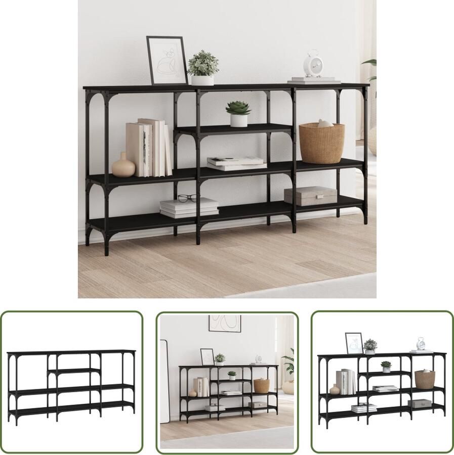 The Living Store Wandtafel 160x29x80 cm bewerkt hout zwart Wandtafel Consoletafel Opbergruimte Zwarte Kleur Metaalframe
