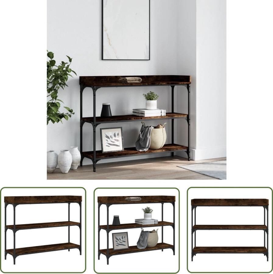 The Living Store Wandtafel met schappen 100x30x80 cm gerookt eikenkleurig Wandtafel Industrieel Design Houten Tafel Eiken Kleur Bergruimte