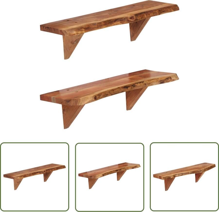 The Living Store Wandschappen 2 st 60x20x18 cm massief acaciahout Wanddecoratie Wandplanken Houtschapen Acacia Hout Vintage Meubels