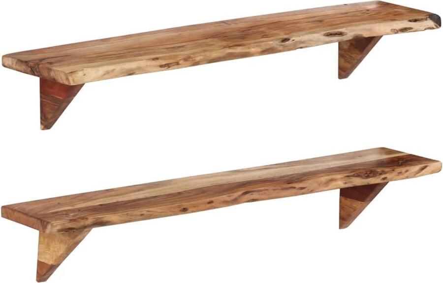 The Living Store Wandschappen 2 st 110x20x18 cm massief acaciahout Wandplanken Houten Wandrek Vintage Wanddecoratie Rustic Style Badkamer Accessoires