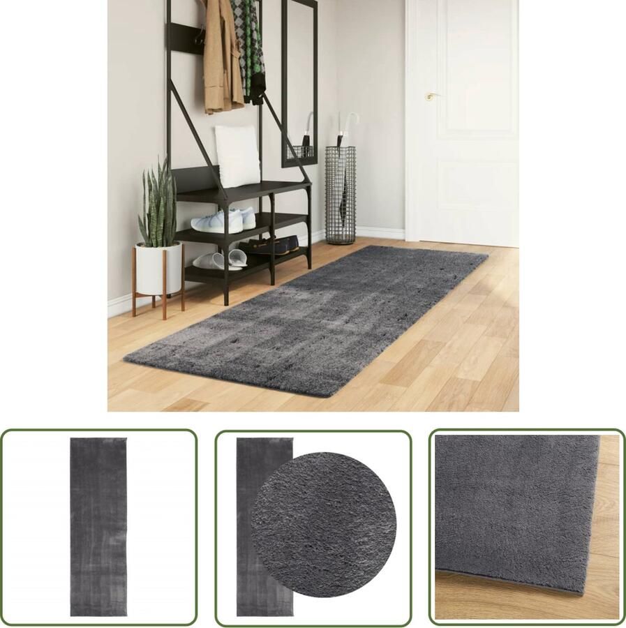 The Living Store Vloerkleed HUARTE laagpolig zacht wasbaar 80x250 cm antraciet Vloerkleed Huarte Antraciet Polyester Kort Polij