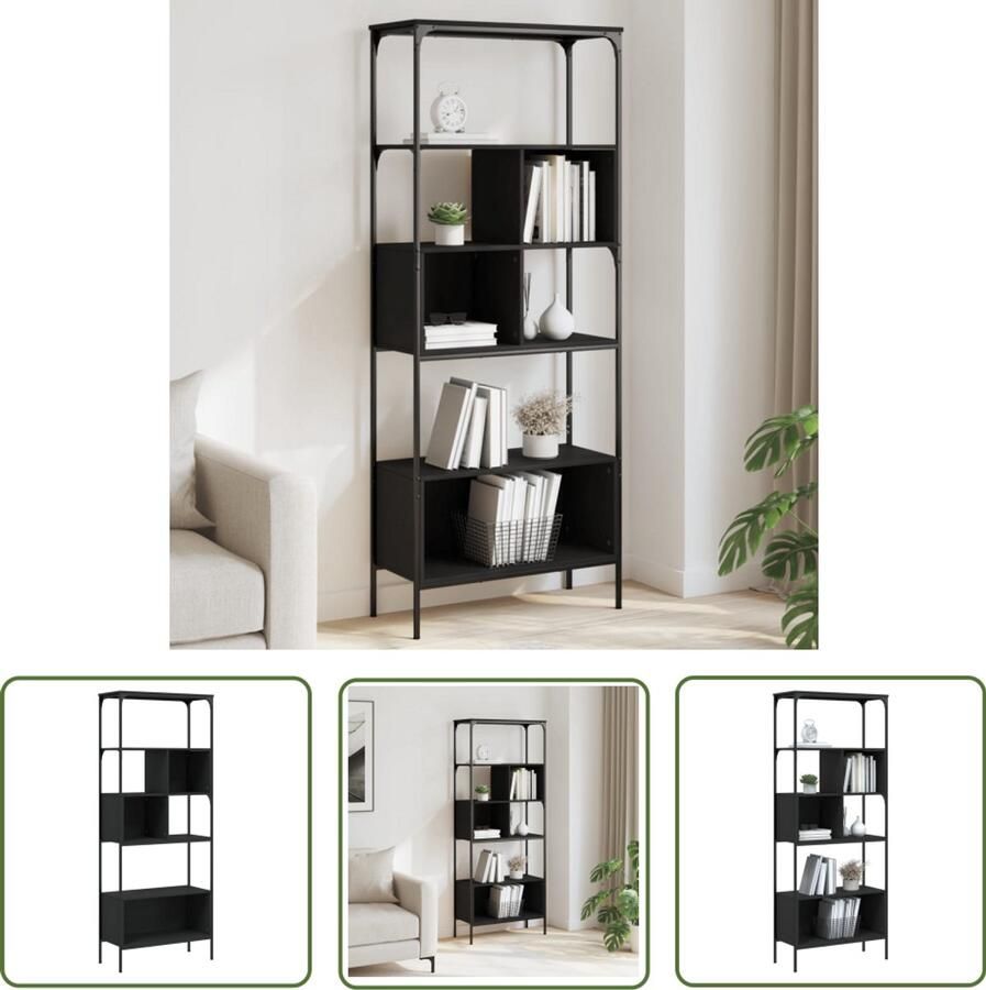 The Living Store Boekenkast 5-laags 76x33x188 5 cm bewerkt hout zwart Boekenkast Industrieel Houten Boekenkast Bibliotheekkast Opbergkast
