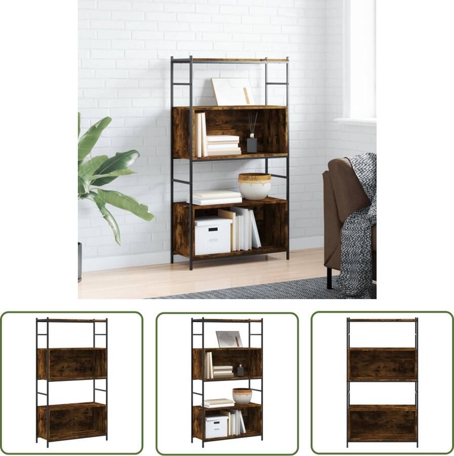 The Living Store Boekenrek 80x30x145 5 cm bewerkt hout en ijzer gerookt eiken Boekenrek Industrieel Boekenrek Houten Boekenrek Opbergruimte Bibliotheek - Foto 2