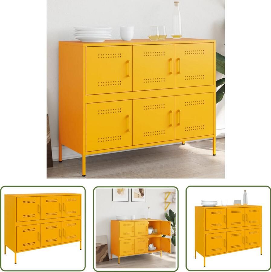 The Living Store Dressoir 100 5x39x79 cm staal mosterdgeel Industriele Design Dressoirs Buffetkast Koudgewalst Staal Mosterdgeel