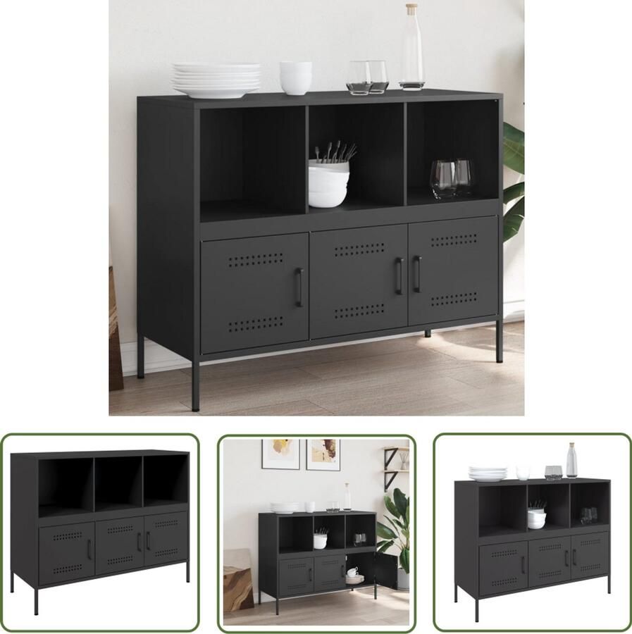 The Living Store Dressoir 100 5x39x79 cm staal zwart Buffetkast Industrieel Design Zwarte Kleur Staalkast Opbergruimte