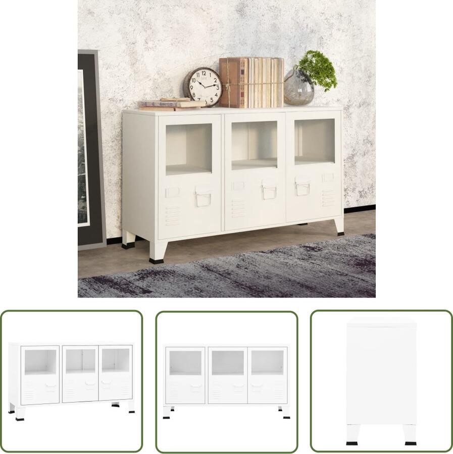 The Living Store Dressoir industrieel 105x35x62 cm metaal en glas wit Dressoir Industrieel Design Wit Dressoir Metaaldressoir Glasedissoir