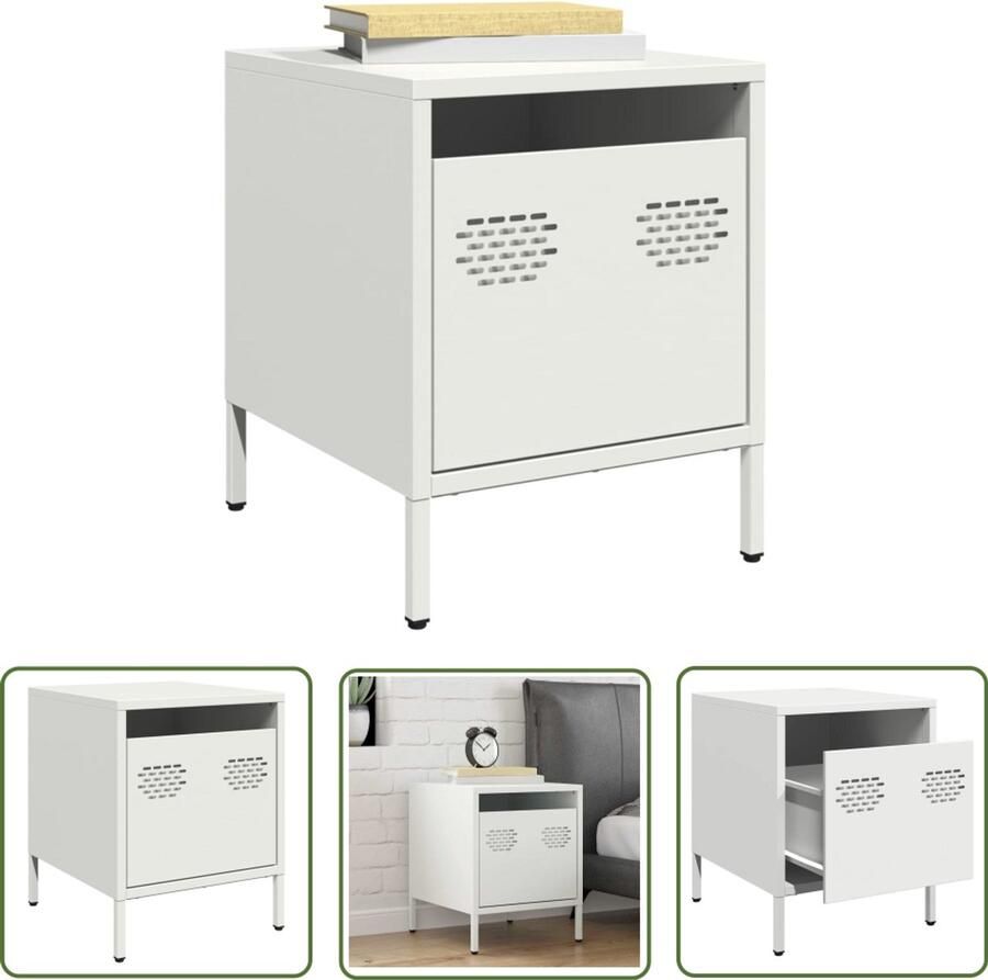 The Living Store Nachtkastje 35x39x43 5 cm staal wit Nachtkastje Industrieel Design Steigerhouten Look Nachtlamp Bergruimte
