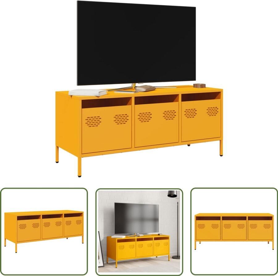 The Living Store Tv-meubel 101 5x39x43 5 cm koudgewalst staal mosterdgeel Tv-meubel Industrieel Design Koudgewalst Staal Mosterdgeel Opbergruimte