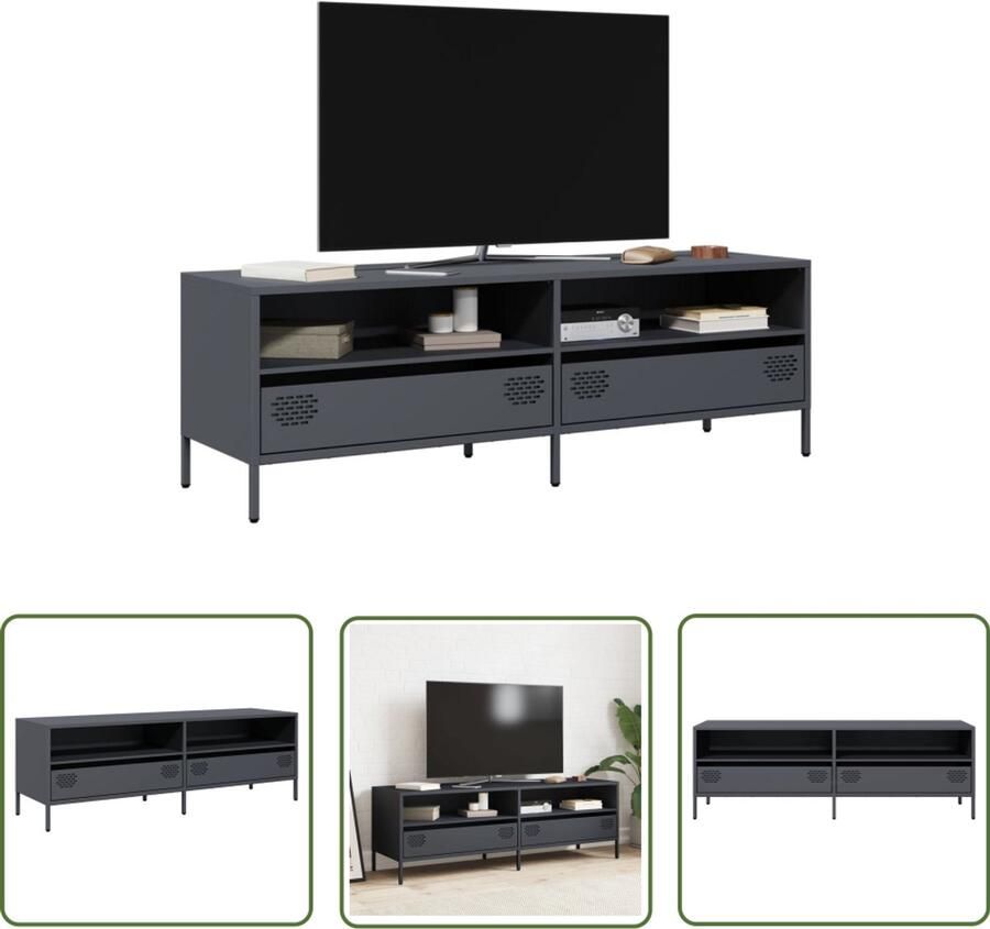 The Living Store Tv-meubel 135x39x43 5 cm koudgewalst staal antracietkleurig Tv-meubel Industrieel Design Koudgewalst Staal Antraciet Kleur Opbergruimte