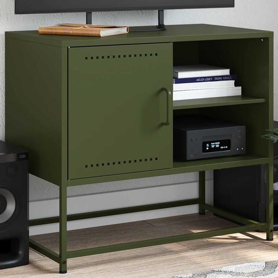 The Living Store Tv-meubel 68x39x60 5 cm staal olijfgroen Tv-meubel Industrieel Design Staal Groen Televisiekast