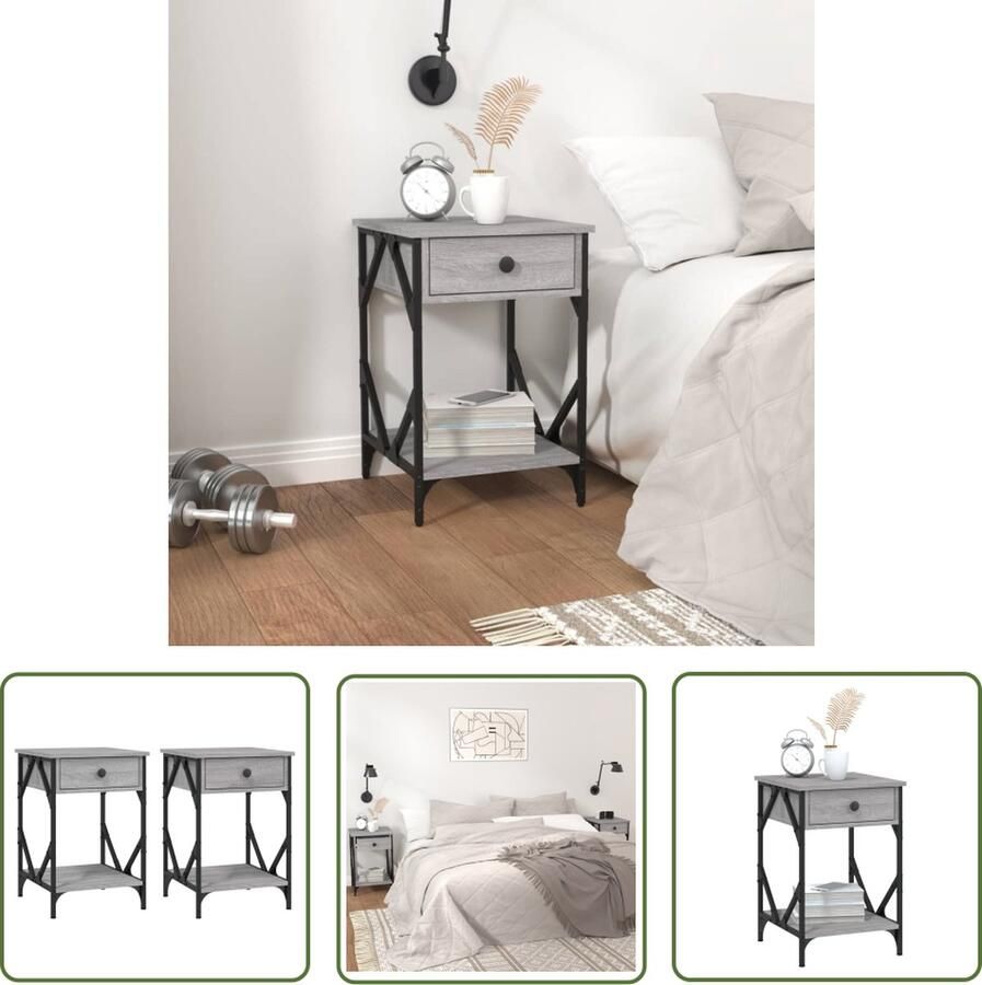 The Living Store Nachtkastje Industrieel Grijs Sonoma Eiken 40 x 42 x 60 cm Duurzaam hout en ijzer Nachtkastje Industrieel Meubel Houten Nachtkastje Grijze Nachtkast Slaapkamer Decoratie - Foto 2