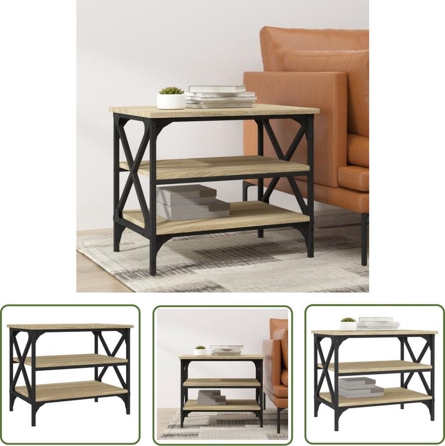 The Living Store Bijzettafel IndustriÃle stijl 55 x 38 x 45 cm Sonoma eiken Bewerkt hout en ijzer Bijzettafel Industrieel Meubilair Houten Bijzet Tafeltje Salontafel Sidetable - Foto 2