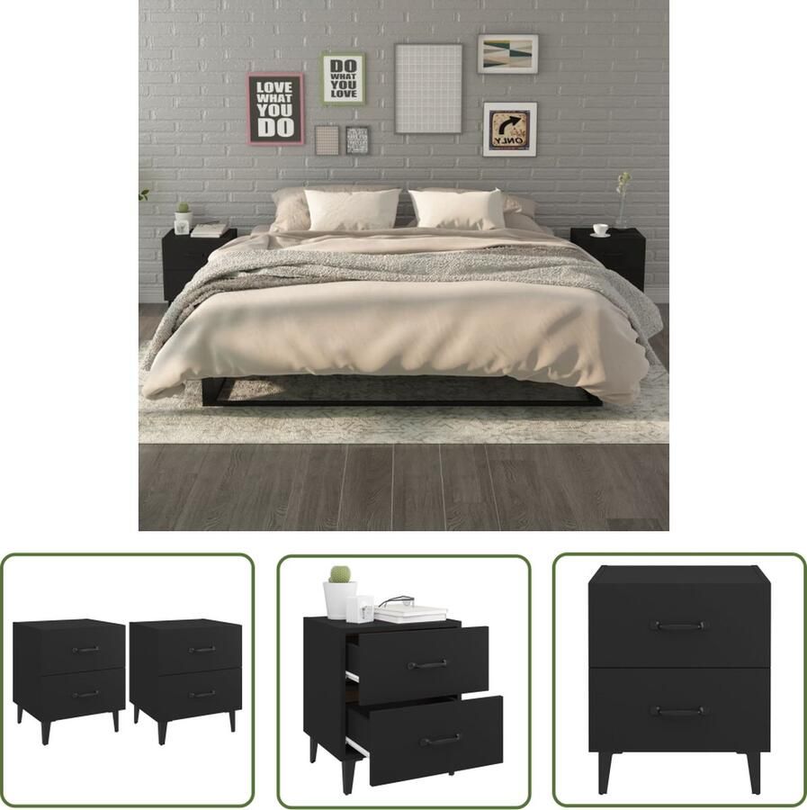 The Living Store Nachtkastjes Industrieel Meubelen 40 x 35 x 47.5 cm Zwart Bewerkt hout en metaal Nachtkastjes Industrieel Meubilair Houten Kast Metalen Kast Zwarte Kast - Foto 2