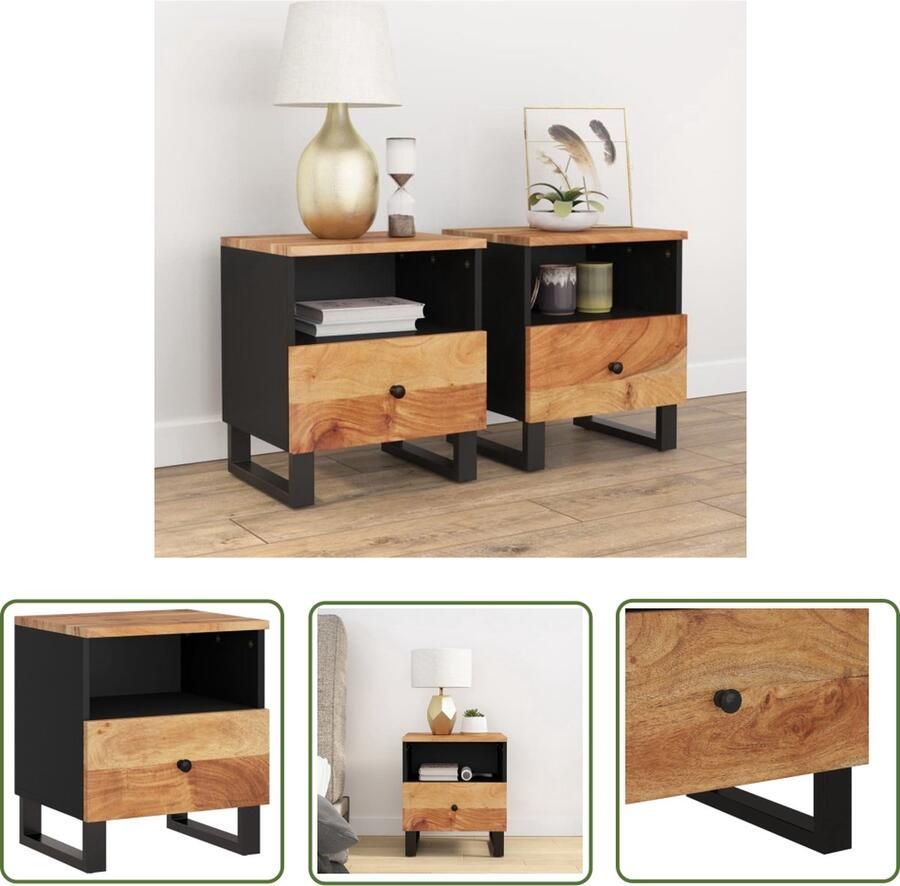 The Living Store Nachtkastjes Industrieel 40 x 31 x 46 cm Massief acaciahout Nachtkastjes Industrieel Meubilair Houten Kast Acacia Hout Slaapkamer Accessoires - Foto 2