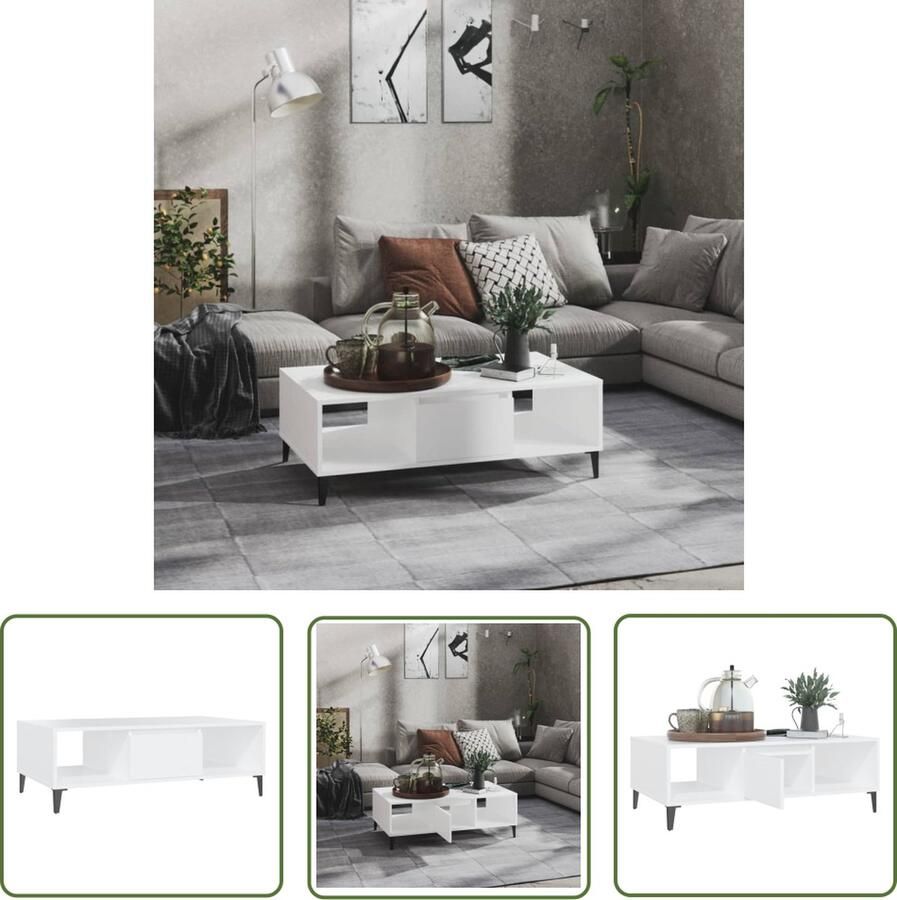 The Living Store Salontafel Industrieel Wit 103.5 x 60 x 35 cm Opbergschappen en Vak Metalen Poten Salontafel Industrieel Meubilair Houten Salontafel Witte Salontafel Tv Tafellaar - Foto 2