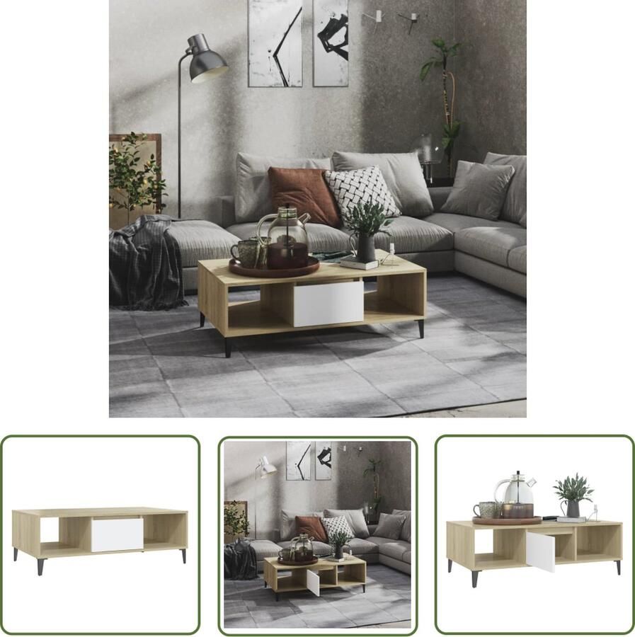 The Living Store Salontafel IndustriÃle Stijl 103.5 x 60 x 35 cm Opbergschappen Wit en Sonoma Eiken Montage Vereist Salontafel Industrieel Houten Salontafel Witte Salontafel Met Opbergvakken