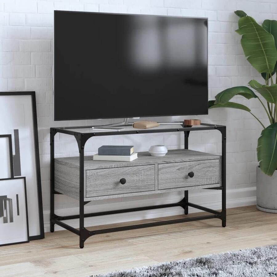 The Living Store Tv-meubel met glazen blad 80x35x51 cm bewerkt hout grijs sonoma Tv Kast Industrieel Houten Tv Kast Grijze Tv Kast Salontafel