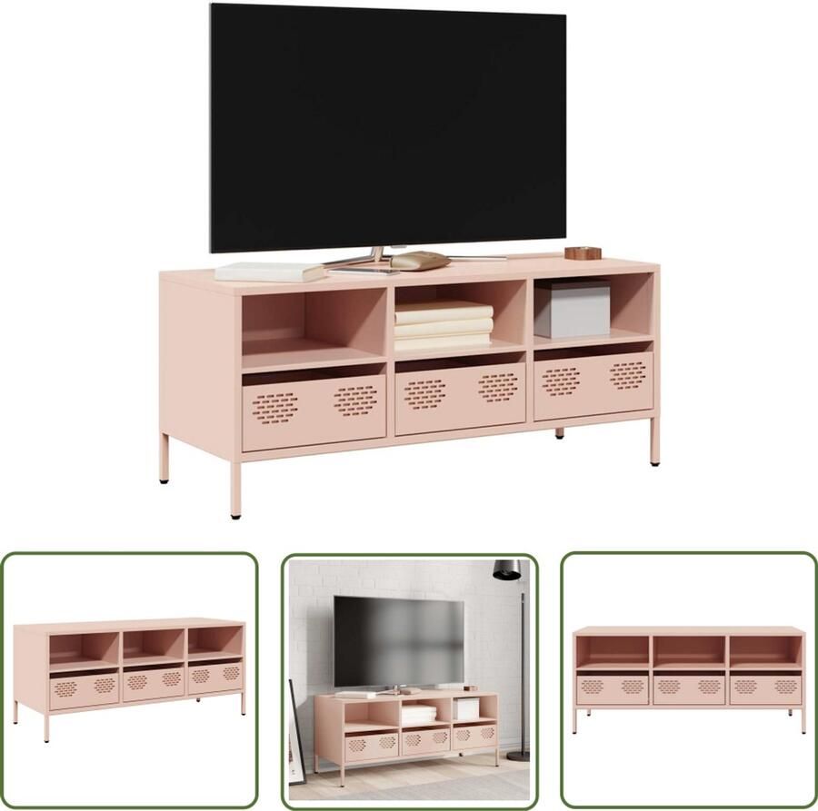 The Living Store Tv-meubel 101 5x39x43 5 cm koudgewalst staal roze Tv-meubel Industrieel Tv-meubel Roestvrijstalen Tv-stand Televisiekast Salontafel
